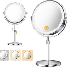 Makeup Mirror, 1X/30X Double Sided Magnifying Mirror/Switch with 3 Colors, 3200 mAh Rechargeable, 8