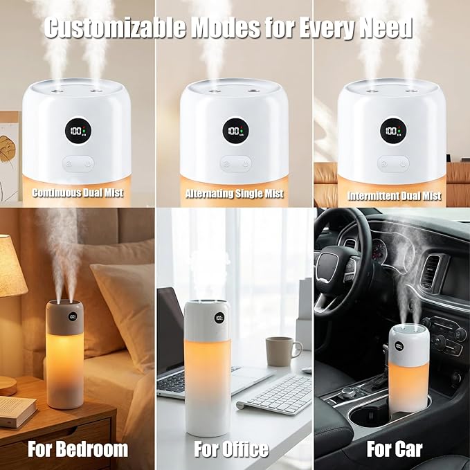 Portable Mini Humidifier, 500ml Rechargeable Dual Mist, Auto Timer & Dry-Burn Protection, with Night Light, for Bedroom Office AC Room Plants Car Travel (White)
