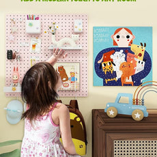 Metal Pegboard Combination Kit — 4 Carbon Steel Pegboards with 26 Accessories, Pegboard Wall Organizer for Home, Office, Study Room, Kitchen, Garage & Craft Room — 24″ × 24″ Pink Peg Board