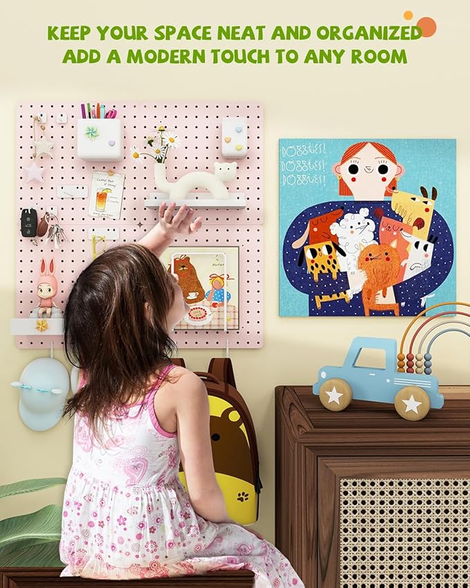 Metal Pegboard Combination Kit — 4 Carbon Steel Pegboards with 26 Accessories, Pegboard Wall Organizer for Home, Office, Study Room, Kitchen, Garage & Craft Room — 24″ × 24″ Pink Peg Board