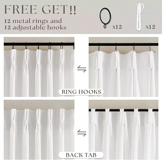 Beige White Pinch Pleated Linen Curtains 102 Inches Long 60 Inch Width Linen Blend Light Filtering Window Curtains 102 Inch for Living Room Bedroom Patio Pinch Pleat Drapes Hooks Rings 1 Panel 60x102