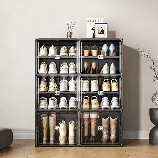 Black Shoe Rack Organizer Cabinet for Closet Entryway,Clear Shoe Storage Boxes Stackable Sneaker Storage with Door Easy Assembly Shoe Cabinet with Lids Large 5 Tiers 20 Pairs