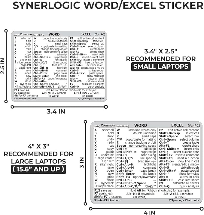 SYNERLOGIC Microsoft Word/Excel (for Windows) Reference Guide Keyboard Shortcut Sticker, Laminated, No-Residue Vinyl (White/Small)