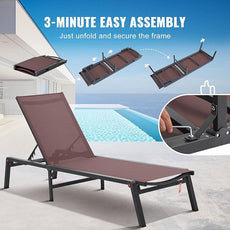 VEVOR 2 Pcs Chaise Lounge Chairs Outdoor, Aluminum Patio Lounge Chair with Adjustable 5-Position, Folding Pool Chairs Recliner and Full Flat Tanning Chair for Patio, Beach, Pool, Brown, 2 pcs