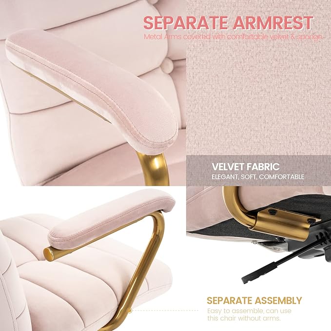 Velvet Home Office Desk Chair, Upholstered Adjustable Swivel Task Chair with Wheels, Tufted Mid-Back Computer Chair with Arms, for Study Living Room Vanity (Pink, Gold Base)