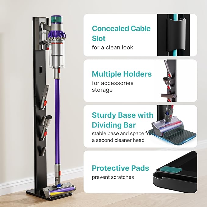 Vacuum Cleaner Stand, Compatible with Cordless Vacuums Dyson Gen5 V15 V12 V11 V10 V9 V8 V7 V6, Floor Vacuum Accessory Holder with 4 Hooks, Metal Storage Bracket Organizer, Black