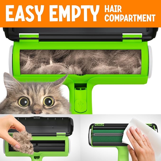 Triton Pet Hair Removal Tool w/Fur Trapping Compartment, 60% Smaller Storage Size, Reusable Shedding Roller, Cat and Dog Hair Remover for Car, Furniture, Carpet, Couch (Green)