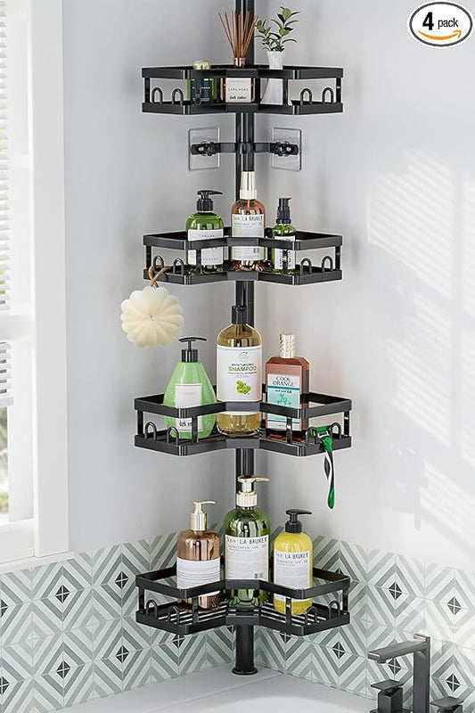 HEVEL Corner Shower Caddy Tension Pole, Adjustable Shower Organizer Corner 62-115 Inch, Rustproof Bathroom Storage Shower Shelves, Black