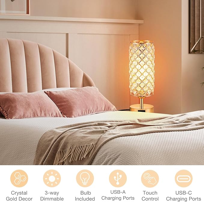 Crystal Table Lamp, Gold Lamp for Bedroom with USB-C USB-A Charging Ports, 3 Way Dimmable Light with Crystal Lampshade, Bedside Lamp Small Touch Light for Girl Room in Gold