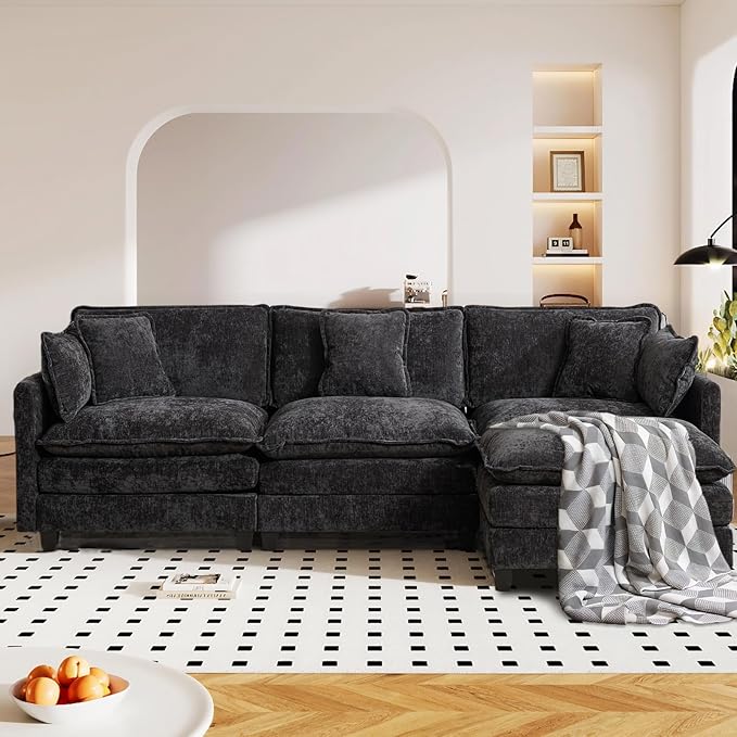 SoarFlash 113.78" Chenille Sectional Sofa, Comfy L Shaped Modular Coush Sofa with Ottoman, Modern 4 Seat Couch Deep Seat Sofa Set for Living Room,Black