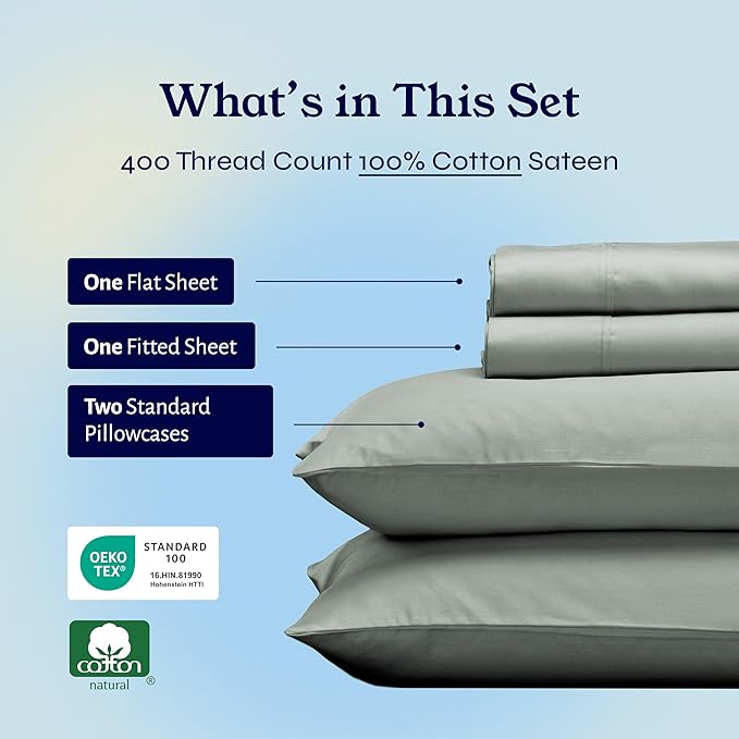 California Design Den Full Size Bed Sheets Set - Soft 400 Thread Count Sateen, Natural 100% Cotton Sheets with Deep Pockets, Breathable, and Durable Bedding Set - Sage Green CaliforniaDesignDen