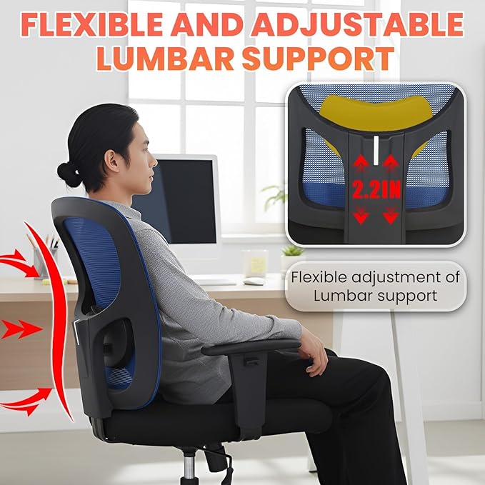 BestOffice Big & Tall Office Chair, 400 lb Capacity Mesh Desk Seating with Lumbar Support, Wide Seat, Adjustable Arms, Rolling Swivel High-Back Ergonomic Executive Task Model for Home Office, Blue