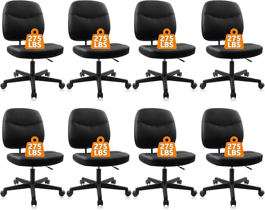 CLATINA Armless Home Office Chair, Small PU Leather Ergonomic Low Back Desk Chair with Lumbar Support and Wheels, Adjustable Height 360° Swivel Rolling Computer Task Chair, Black, 8 Pack