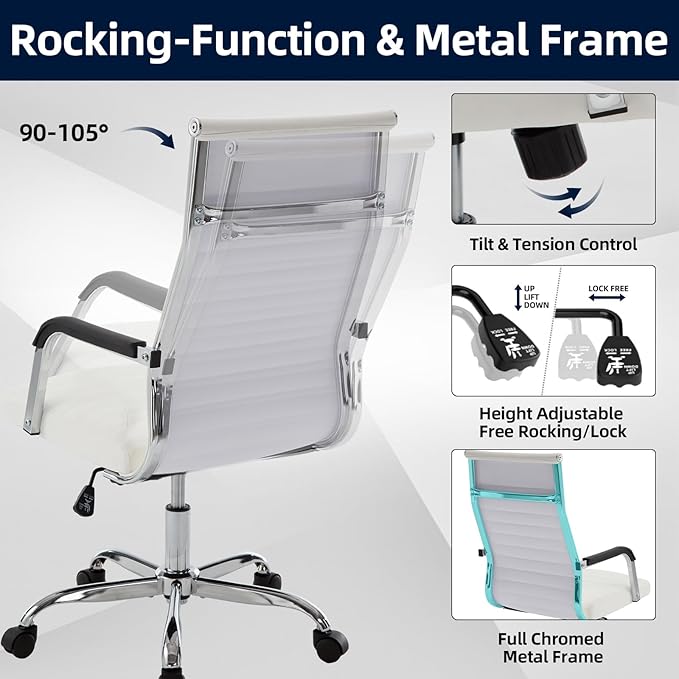 Office Chair, Ergonomic Executive Conference Room Chairs, Ribbed Leather Desk Chair with Lumbar Support, Adjustable Height Mid-Back Swivel Chair (Square Tube Armrests, White)
