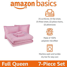 Amazon Basics 7 Piece Soft Microfiber Kid's Bed-in-a-Bag Bedding Set, Full/Queen, Pink, Solid