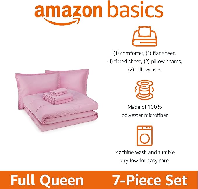 Amazon Basics 7 Piece Soft Microfiber Kid's Bed-in-a-Bag Bedding Set, Full/Queen, Pink, Solid