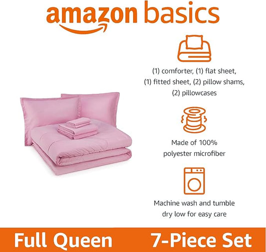 Amazon Basics 7 Piece Soft Microfiber Kid's Bed-in-a-Bag Bedding Set, Full/Queen, Pink, Solid