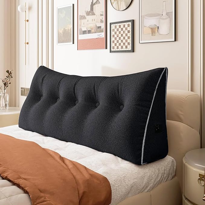 11 lbs Thickened Wedge Pillow Headboard Body Positioner Bed Backrest Support Triangular Headboard Pillow for Sleeping with Side Pocket Velvet Positioning Support Velvet Black Queen