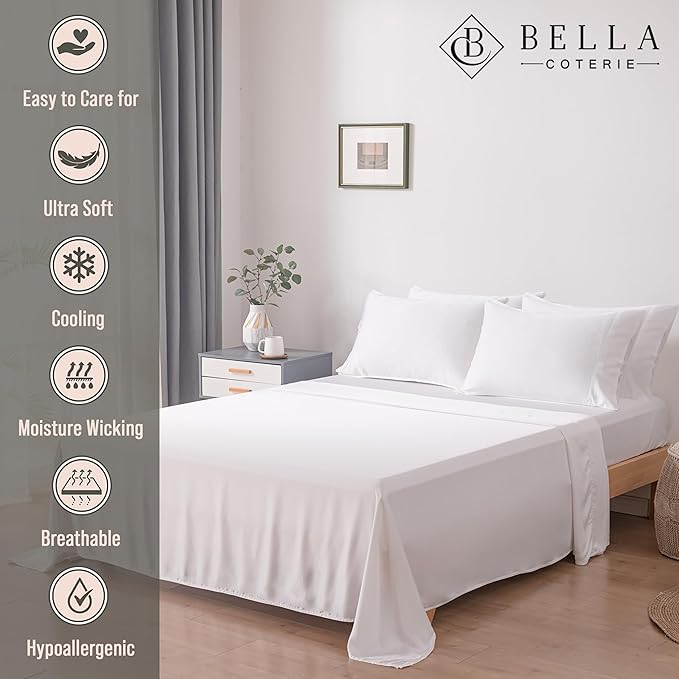 Bella Coterie 6 Piece Luxury Bamboo Viscose King Size Sheet Set | 100% Organically Grown | Cooling for Hot Sleepers | 18" Deep Pocket | Soft & Hypoallergenic | 4 Pillowcases [White]