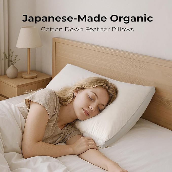 UNIKOME White Goose Down Feather Gusseted Pillows - 100% Organic Cotton Cover - Standard Size Pillow Set of 2, Made in Japan Pillow for Sleeping