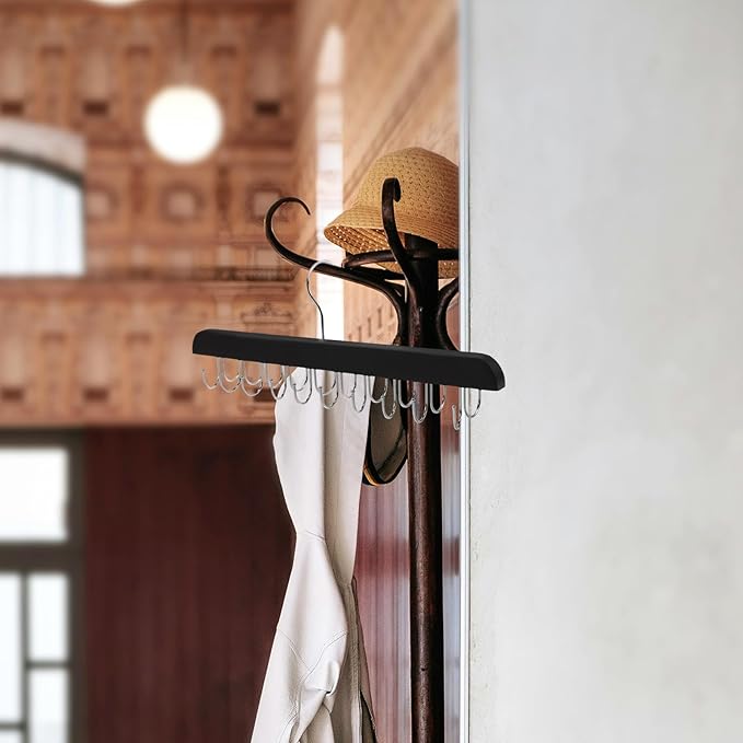 Foldable Wood Closet Organizer Hanger with 20 Non-Slip Hooks for Bras, Scarves, and Pants Space-Saving Clothes Rack for Dorms, Apartments, and Home, Black 2pcs
