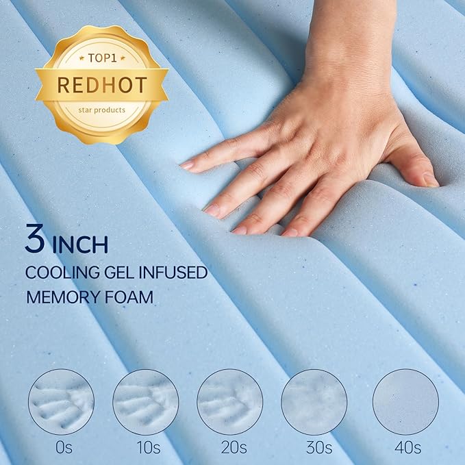 King 3 Inch Gel Memory Foam Mattress Topper, Cooling Mattress Topper for Back Pain Relief with Supportive Comfortable Foam and Removable Washable Cover, High Density Pad for Bedroom and Dorm
