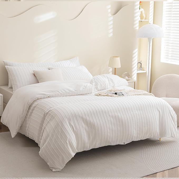 JELLYMONI Duvet Cover Super Queen Size White - 3PCS Boho Striped Duvet Cover Set Polyester Tufted Bohemian Textured Comforter Cover 98×90in with Corner Ties & Zipper and 2 Pillowcases