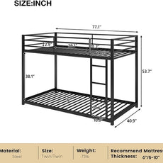 Twin Over Twin Bunk Bed, Low Bunk Bed with Ladder, Metal Bunk Bed with Guardrails, Heavy Duty Metal Bunk Bed Frame for Kids, Boys, Girls, Teens, Noisy Free, No Box Spring Needed， Black