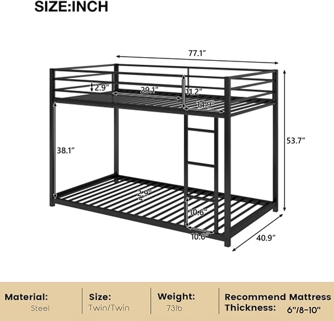 Twin Over Twin Bunk Bed, Low Bunk Bed with Ladder, Metal Bunk Bed with Guardrails, Heavy Duty Metal Bunk Bed Frame for Kids, Boys, Girls, Teens, Noisy Free, No Box Spring Needed， Black