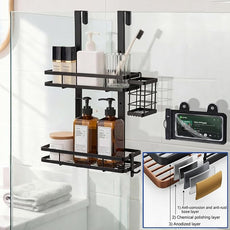 Over the Door Shower Caddy Hanging, Rustproof Shower Shelves with Waterproof Phone Pouch, 2-Tier Adjustable Bathroom Organizers and Storage, No Drilling Shower Shelf, Black Shampoo Soap Holder