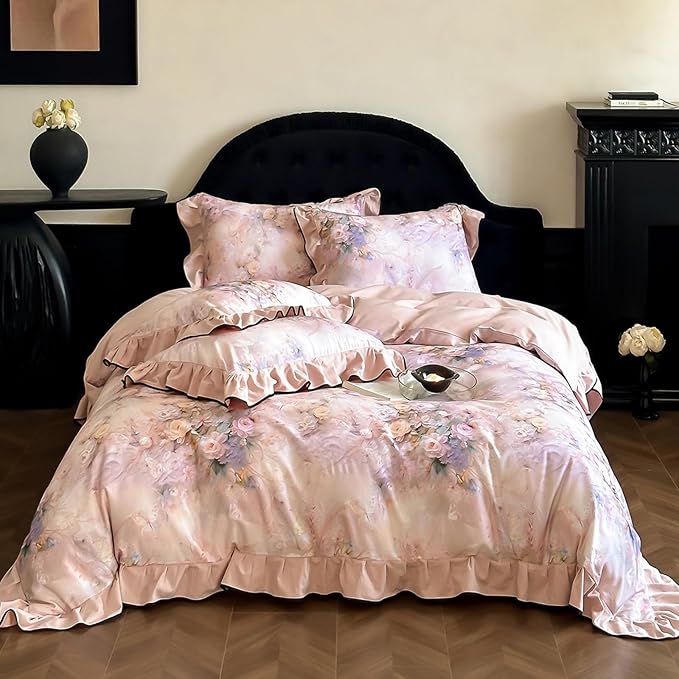 HighBuy Pink Floral Ruffle Duvet Cover Twin XL,Ruffle Lace Floral Bedding Set for Girl College,Soft Brushed Cotton Comforter Cover with Zipper for Hot Sleepers,Breathable & Fade-Resistant