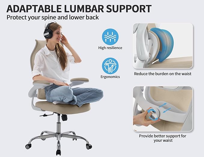 TRALT Ergonomic Office Chair - Desk Chair with Wave High Back Adjustable Lumbar Support Computer Chair - Gaming Chairs Mesh Backrest and PU Leather Seat for Home Reading Chairs to Adults(Beige)