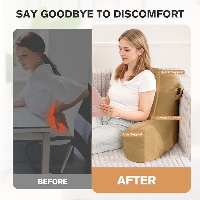 Portable Comfy Reading Pillows for Bed Sitting Up(Camel Oeko-Tex), Velvet Back Pillow with Arms & Pockets for Adults, Support Memory Foam Bed Pillow for Dorm/Reading/Watching/Gaming