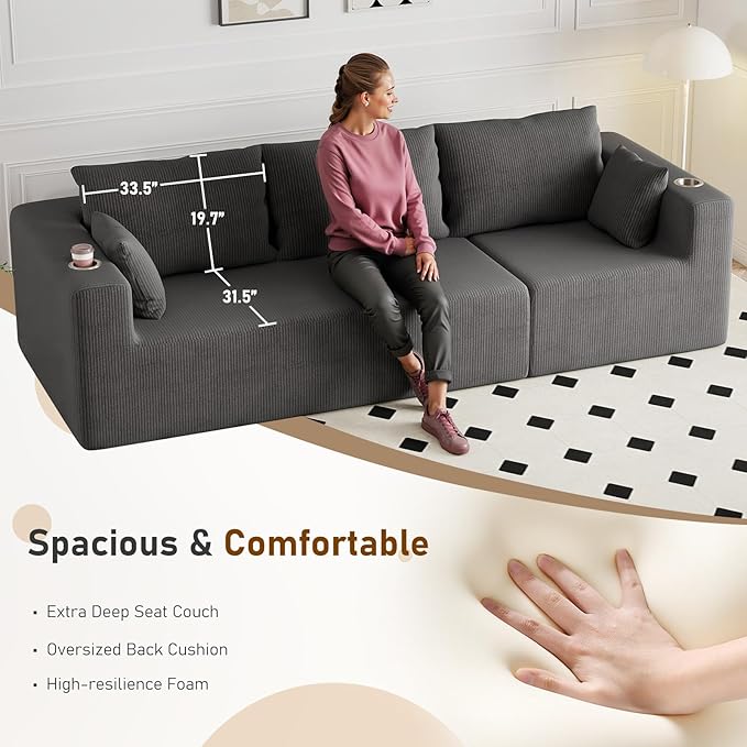 Furnimart 112" L-Shaped Modular Sectional Sofa with Ottoman, Boneless Cloud Couch with Chaise for Living Room, Modern Deep Seat Lounge Sleeper Couch Bed, No Assembly, Corduroy Dark Grey
