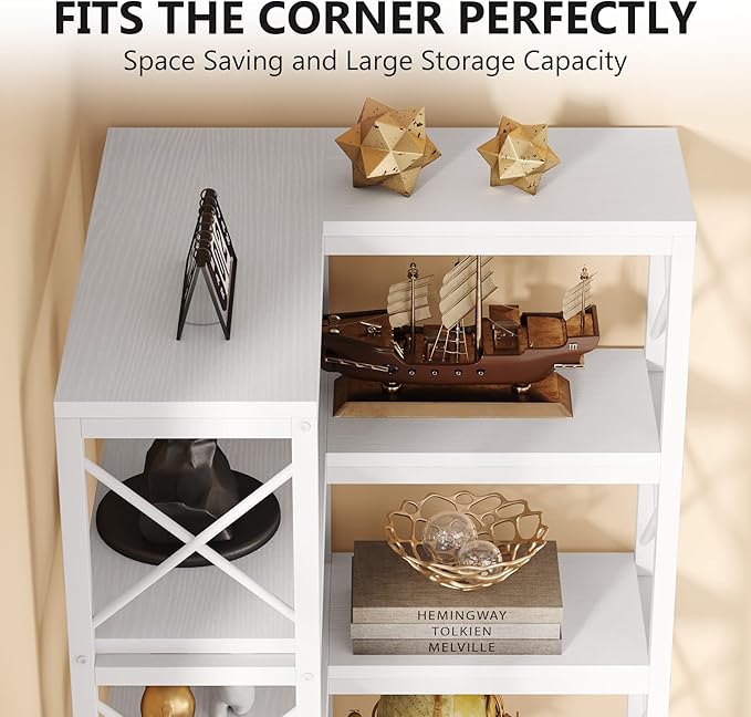 Tribesigns 7-Tier Corner Bookcase, Industrial Large Corner Bookshelf, 7-Shelf Tall Corner Shelf Storage Display Rack with Metal Frame for Living Room Home Office, White
