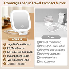 Travel Mirror with Light, Compact Mirrors, 1x/30x Magnifying Mirror with 3 Color Lights and Adjustable Brightness, 4.5x3.9 inch Small Compact Hangable Hand Pocket Mirrors, Comes with Tweezer
