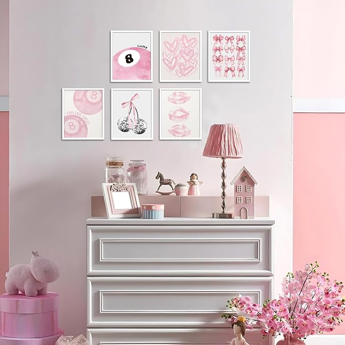 Cute Pink Girl Poster Set of 6, Light Pink Coquette Wall Art Trendy Lucky 8 Ball Wall Decor Paintings Pastel College Apartment Bedroom Living Room Dorm 8x10 inch Unframed