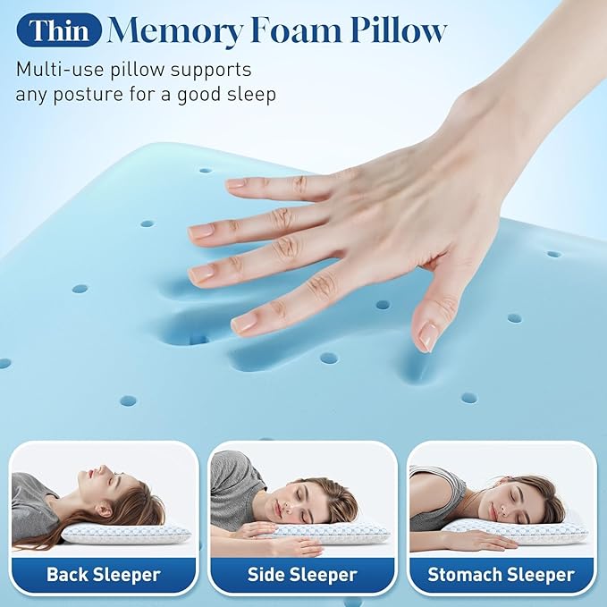 CloudBliss 2.75” Ultra Thin Pillows for Side | Back | Stomach Sleepers, Memory Foam Flat Pillow, Low Profile Sleeper Pillows with Double Sided Comfortable Breathable Pillow Cover, Standard