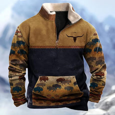 Western Sweatshirts for Men Aztec Cowboy Vintage Graphic Fleece Hoodie Mens Quarter Zip Pullover Country Jacket