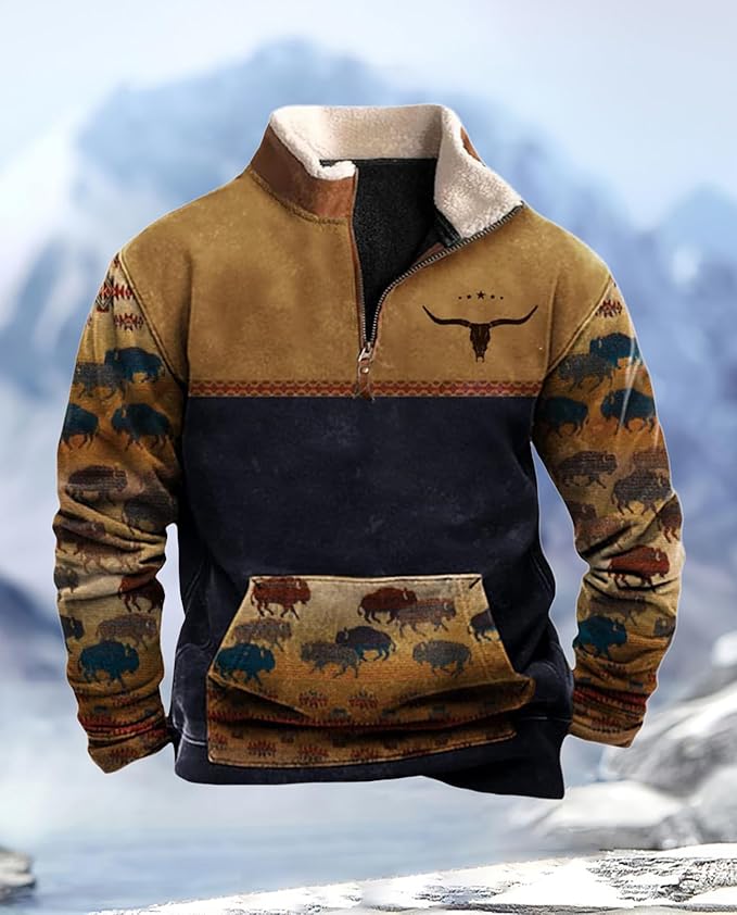 Western Sweatshirts for Men Aztec Cowboy Vintage Graphic Fleece Hoodie Mens Quarter Zip Pullover Country Jacket