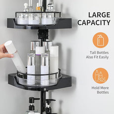 Corner Shower Caddy Tension Pole, 3 Tiers Rotating Shower Organizer for Bathroom Shelf Bathtub, Adjustable Standing Shower Rack Bathroom Accessories, Easily Assemble, 34-124 Inch Height，Black