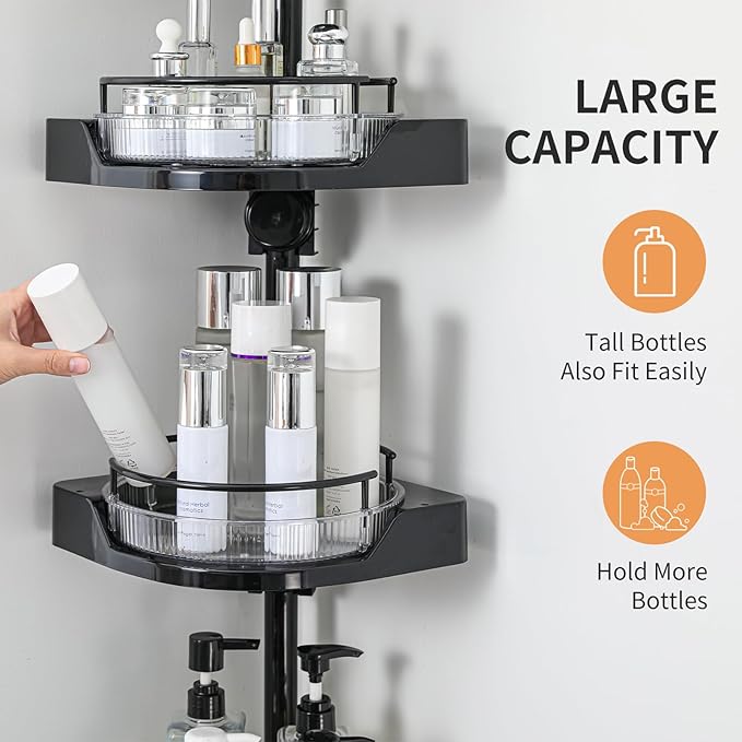 Corner Shower Caddy Tension Pole, 3 Tiers Rotating Shower Organizer for Bathroom Shelf Bathtub, Adjustable Standing Shower Rack Bathroom Accessories, Easily Assemble, 34-124 Inch Height，Black