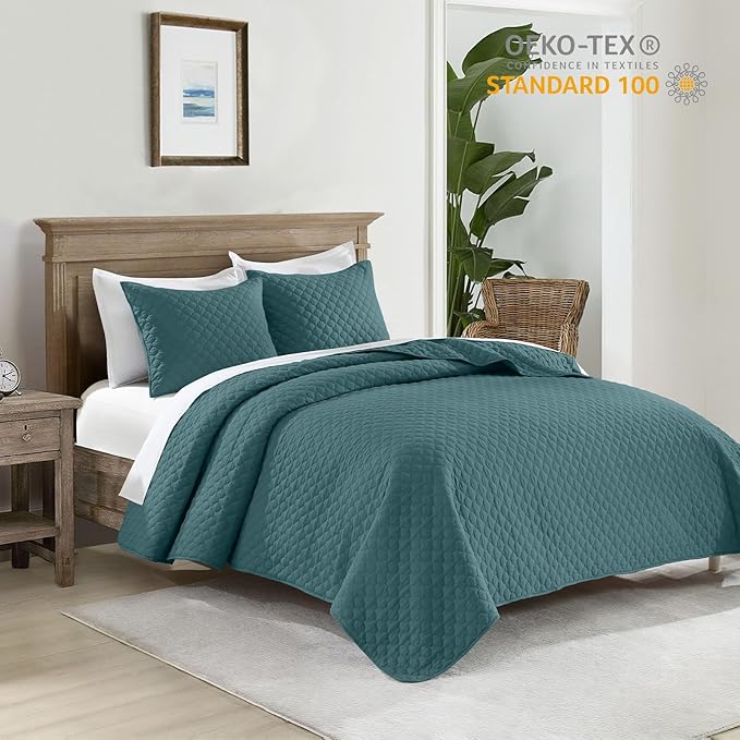 HORIMOTE HOME Quilt King Size Teal Blue, Lightweight Quilt for Summer, Ultra-Soft Microfiber Modern Style Quilted Clouds Pattern Bedspread Quit Set 3 Pieces(1 Quilt and 2 Pillow Shams)