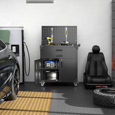 SUXXAN Black Tool Cart with Pegboard and 4 Hooks,Garage Storage Cabinet on Wheels with 2 Drawer,Industrial Service Utility Tool Cart for Mechanics, Garage, Workshop