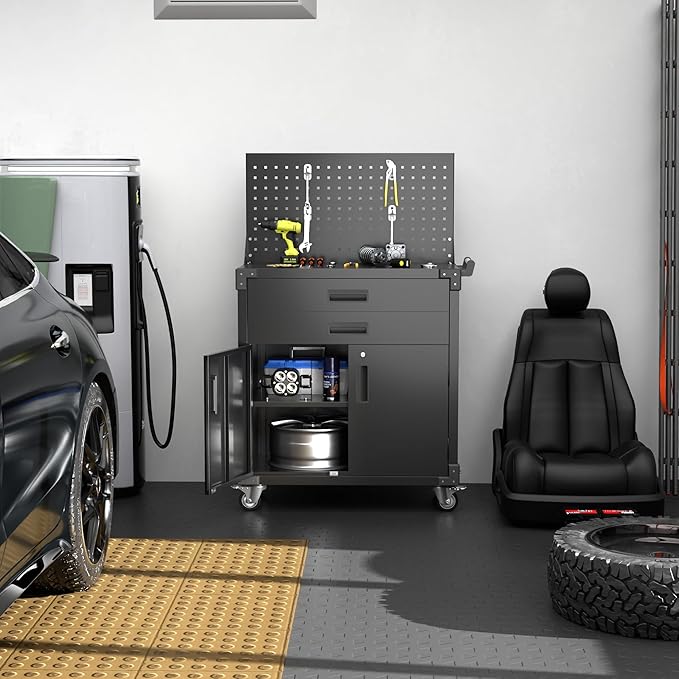 SUXXAN Black Tool Cart with Pegboard and 4 Hooks,Garage Storage Cabinet on Wheels with 2 Drawer,Industrial Service Utility Tool Cart for Mechanics, Garage, Workshop