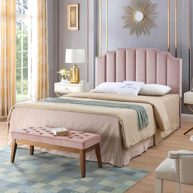 24KF Pink Velvet Tufted Queen Upholstered Headboard, Modern Vertical Channel Design California Queen/Full Headboard with Stepped Silhouette Top Edge, 6026-Q-New Pink