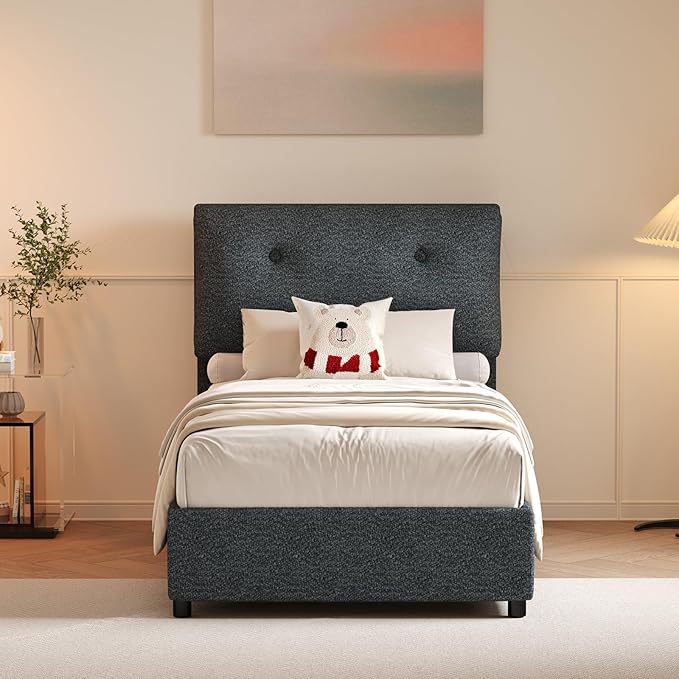 Twin Bed Frames,Breathable Boucle Fabric Upholstered Bed Frame Twin with Headboard,Removable and Washable,Wood Slat Support,No Box Spring Needed,Easy Assembly,Cama Individual, Dark Grey