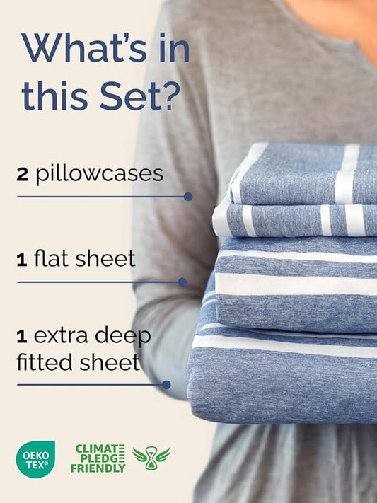 Extra Deep Pocket Full Sheets - 4 Piece Breathable & Cooling Bed Sheets - Hotel Luxury Bed Sheet Set - Soft, Wrinkle Free & Comfy - Easily Fits Extra Deep Mattresses - Deep Pocket Blue Striped Sheets