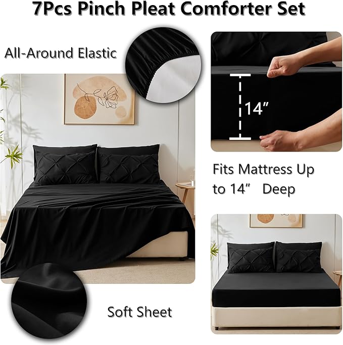 CozyLux Oversized Queen Comforter Sets Black, 7 Pieces Oversized Queen Pintuck Bed in A Bag, Pinch Pleat Bedding Sets with All Season Comforter, Flat Sheet, Fitted Sheet, Pillowcases & Shams