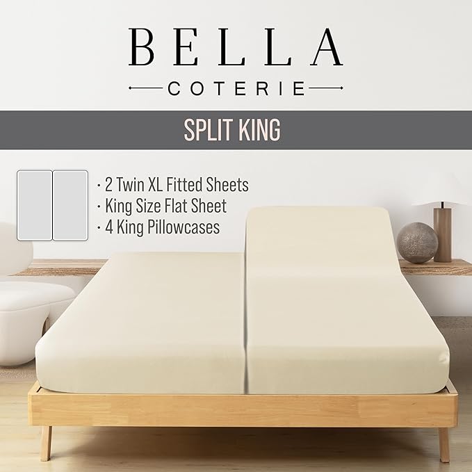 Bella Coterie 7 Piece Luxury Bamboo Viscose Split King Size Sheet Set | 2 Fitted Sheets for Adjustable Beds | 100% Organically Grown | Cooling for Hot Sleepers | 4 Pillowcases [Ivory] BC